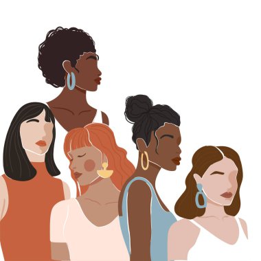 Soyut kadın portresi farklı milletler ve kültürler. Kız gücü, eşitlik için mücadele, feminizm, kardeşlik kavramı. Vektör illüstrasyonu.