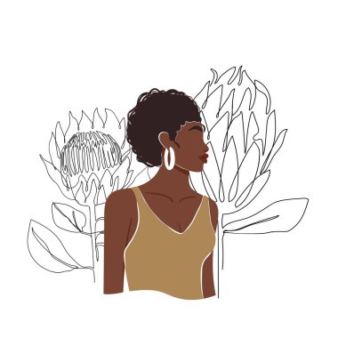 Soyut Afrikalı kadın portresi ve protea çiçekleri olan çağdaş moda kolajı. Minimalist tarzda moda illüstrasyon. Vektör yazdırma posteri, kart, davetiye, tişört vs..
