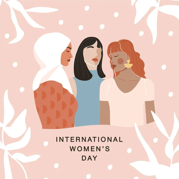 Uluslararası Kadınlar Günü Tebrik Kartı Geometrik Arka Planda Farklı Milletlerin — Stok Vektör