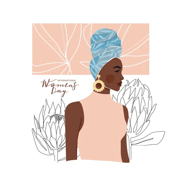 国際女性デーのグリーティングカード アブストラクトアフロアメリカの女性の肖像画で 1本の線のお茶の花と葉 女性のエンパワメント ベクターイラスト — ストックベクタ