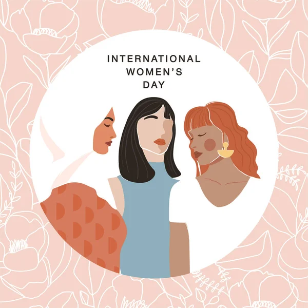 Carte Souhaits Journée Internationale Femme Femme Abstraite Portrait Différentes Nationalités — Image vectorielle