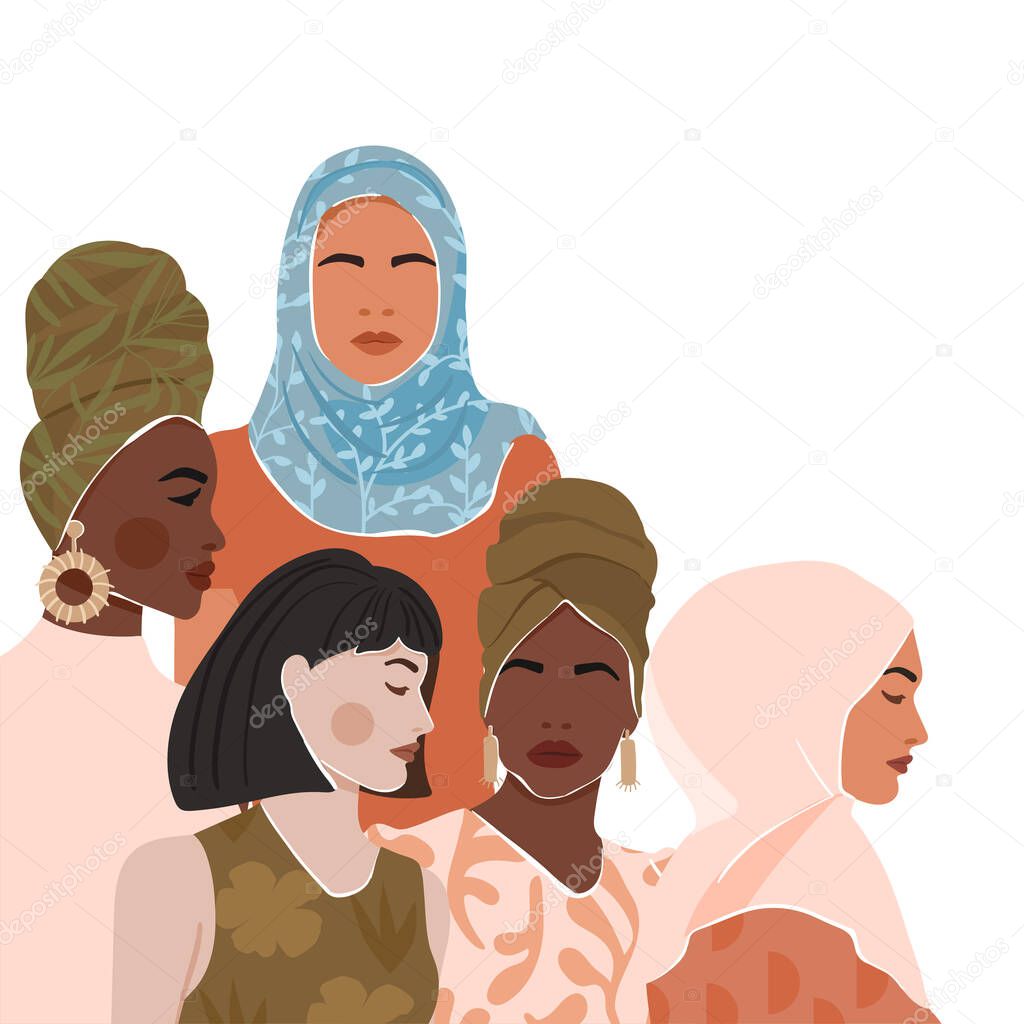 Abstract woman portrait different nationalities and culture. Girl power, struggle for equality, feminism, sisterhood concept. Vector illustration.