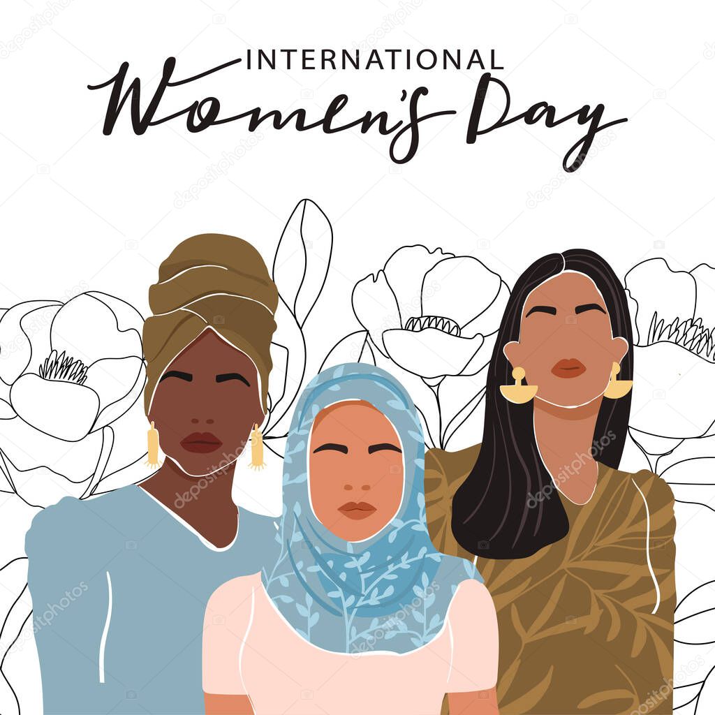 International Women's Day greeting card. Abstract woman portrait different nationalities on floral linear background. Girl power, struggle for equality, feminism, sisterhood concept. Vector illustration.