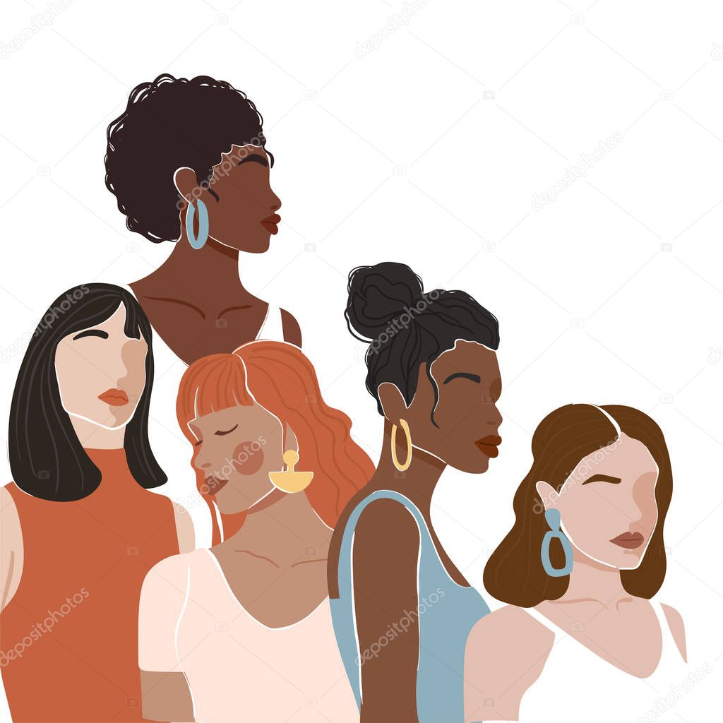 Abstract woman portrait different nationalities and culture. Girl power, struggle for equality, feminism, sisterhood concept. Vector illustration.