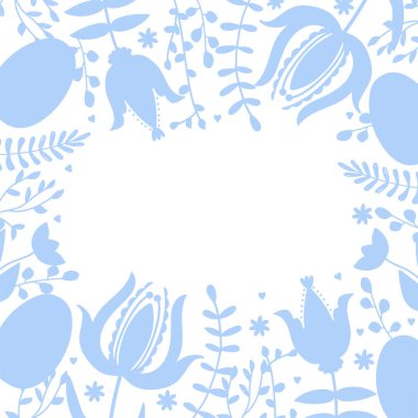 Bahar çiçekleri, çeşitli çiçekler, dallar ve yapraklarla sınırlandırılmış. Kopya uzayı ile kompozisyon. Kart, davet, poster vs. için vektör illüstrasyonu.