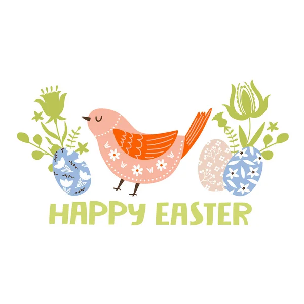Happy Easter Greeting Card Cute Bird Eggs Flowers Leaves Lettering — Stock Vector