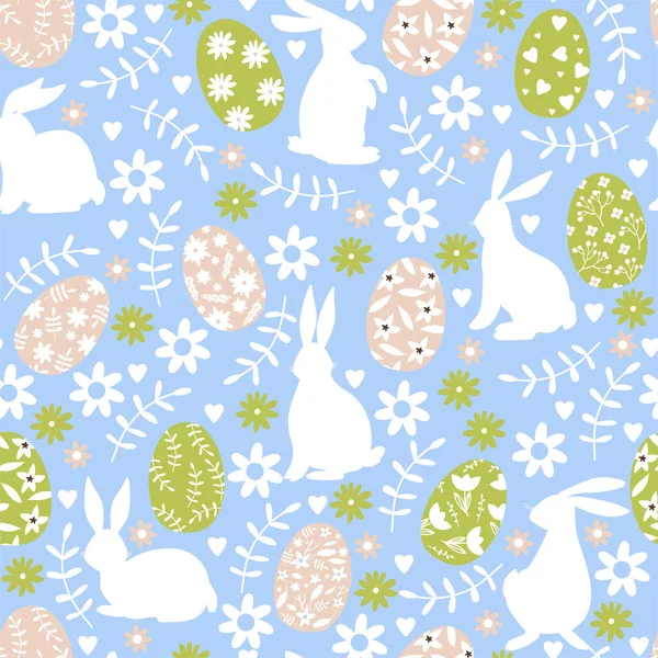 Patrón Sin Costura Pascua Con Varios Conejitos Silueta Huevos Flores — Vector de stock