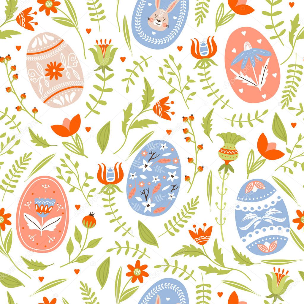 Easter seamless pattern with various flowers, leaves and decorative eggs. Texture for textile, postcard, wrapping paper, packaging etc. Vector illustration.