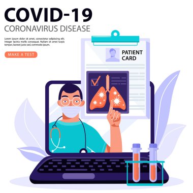 Doktor hasta kartıyla panoyu işaret ediyor. Hastanın solunum sistemi 2019-nCoV Coronavirus. Sıhhiye, COVID-19 önleme tedbirleri hakkında insanları bilgilendiriyor ve test yapın diyor. Laptop bilgisayar ekranında bir doktor. Vektör.