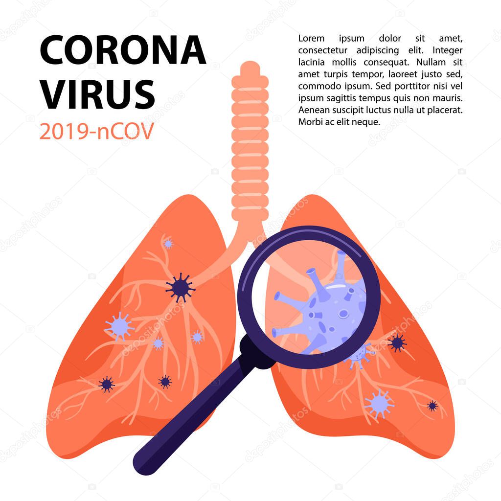 2019-nCoV Coronavirus spread of the virus. Lungs infection. Magnifier detects lung virus. Vector illustration on white background with copy space.