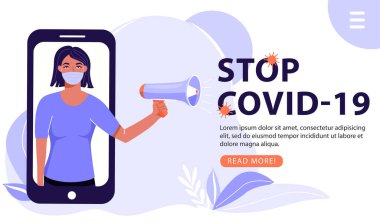 2019-NCoV kavramını durdur. Megafonla maske takan bir kadın küresel koronavirüs salgınını insanlara haber veriyor. Vektör web sayfası illüstrasyonu.