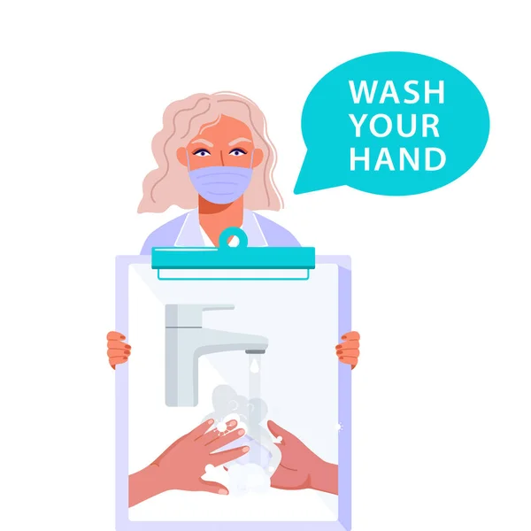 Profesyonel Doktor Pano Tutuyor Ellerini Sabunla Yıkamayı Tavsiye Ediyor 2019 — Stok Vektör