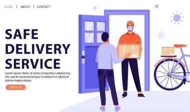 Güvenli teslimat hizmeti konsepti. Kuryeden paket geldi. Kapıya paket var. Karantina sırasında çevrimiçi sipariş. Vektör web sayfası illüstrasyonu.