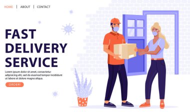 Güvenli teslimat hizmeti konsepti. Kadın kuryeden paket alıyor. Kapıya paket var. Karantina sırasında çevrimiçi sipariş. Vektör web sayfası illüstrasyonu.