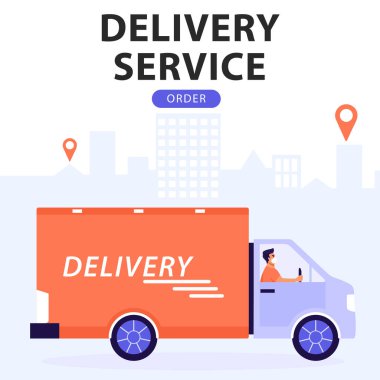 Ekspres servis konsepti. Şehrin arka planında teslimat paketi olan bir kurye minibüsü. Vektör paneli illüstrasyonu.