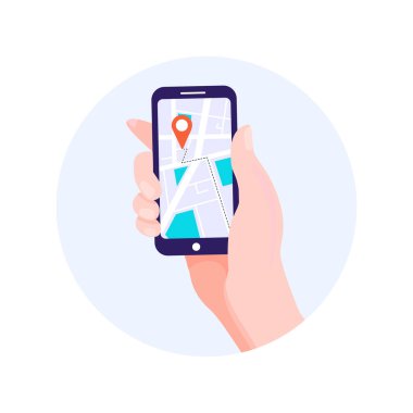 Navigasyon haritalı ve ekranda kırmızı GPS noktalı akıllı telefon. Mobil Uygulama. Beyaz arkaplanda vektör illüstrasyonu.