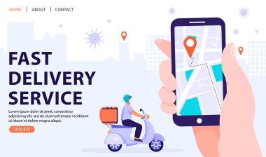 Hızlı teslimat hizmeti konsepti. Solunum maskeli bir adam scooter kullanıyor. Teslimat için akıllı telefonu tutuyorum. Mobil Uygulama. Vektör web sayfası illüstrasyonu.