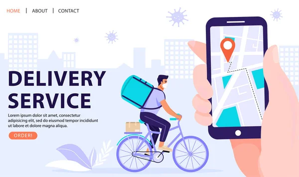提供服务的概念 男子信使骑自行车与递送袋和箱呼吸面具 手持智能手机跟踪送货情况 移动应用程序 矢量网页横幅图解 — 图库矢量图片