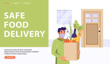 Güvenli yemek servisi konsepti. Kurye market ürünleri çantası getiriyor. Kapıya teslimat. Karantina sırasında çevrimiçi sipariş. Vektör web sayfası illüstrasyonu.