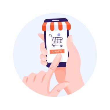 İnternetten sipariş ver. Sepet ikonlu akıllı telefon, sipariş düğmesi ve çizgili güneş çadırı. Mobil Uygulama. Beyaz arkaplanda vektör illüstrasyonu.
