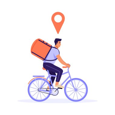 Ekspres teslimat illüstrasyonu. Paketi ve kırmızı GPS noktasıyla bisiklete binen kurye adam. Beyaz arkaplanda vektör.