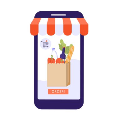 İnternetten yemek sipariş et. Sepet ikonlu akıllı telefon, market ürünleri çantası sipariş düğmesi ve çizgili güneş çadırı. Mobil Uygulama. Beyaz arkaplanda vektör illüstrasyonu.