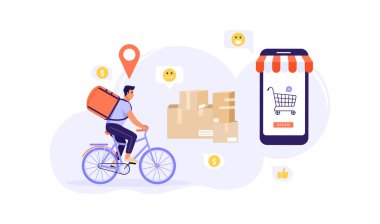 Hızlı teslimat konsepti. Paketle bisiklete binen kurye adam. Sepet ikonlu akıllı telefon, sipariş düğmesi ve çizgili güneş çadırı. İnternetten alışveriş. Beyaz arkaplanda vektör.