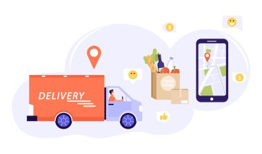 Hızlı teslimat konsepti. Paketi olan bir kurye minibüsü. Navigasyon haritalı akıllı telefon ve ekranında kırmızı bir GPS noktası. Market ürünleri çantası. İnternetten alışveriş. Beyaz arkaplanda vektör.