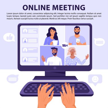 Video konferansı ya da online toplantı konsepti. Bilgisayar ekranında sohbet eden bir grup insan. Eller klavyeye basıyor. Görüntülü konuşma. Vektör paneli illüstrasyonu.
