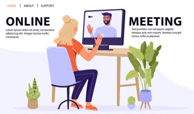 Video konferansı ya da online toplantı konsepti. Bilgisayarı kullanarak arkadaşıyla görüntülü konuşma yapan bir kadın. Görüntülü konuşma. Vektör web sayfası illüstrasyonu. 