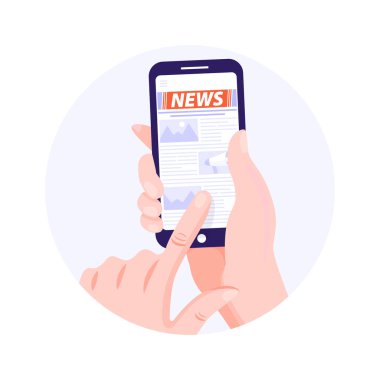 Çevrimiçi haber kavramı. Elinde akıllı bir telefon, elinde gazete okuyarak. Cep telefonu ekranında haber uygulaması. Çember biçimli kompozisyon. Beyaz arkaplanda vektör illüstrasyonu.