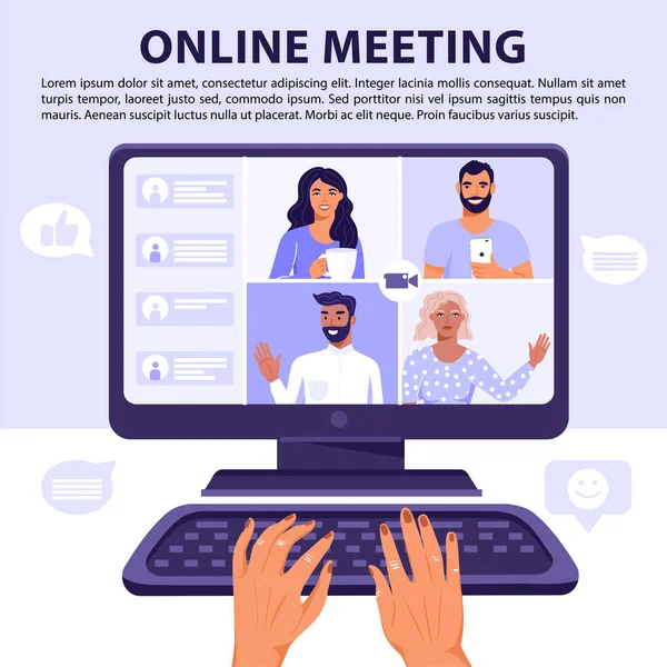 Vidéo Conférence Concept Réunion Ligne Équipe Personnes Écran Ordinateur Ayant — Image vectorielle