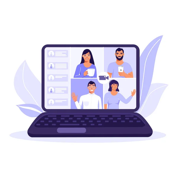 ビデオ会議やオンライン会議の概念 会話をしているコンピュータ画面上の人々のチーム ビデオチャット 白い背景のベクトルイラスト — ストックベクタ