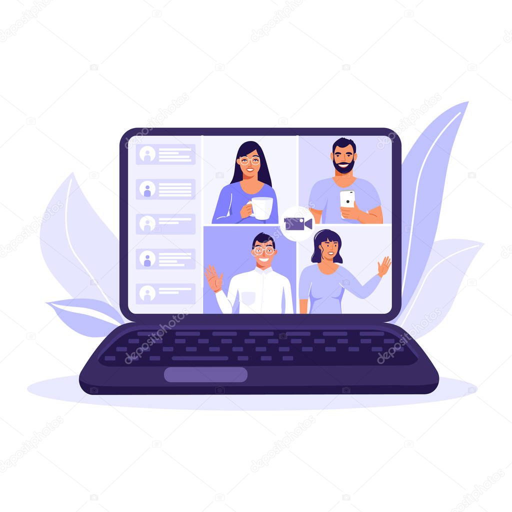 Video conference or online meeting concept. Team of people on computer screen having conversation. Video chat. Vector illustration on white background.