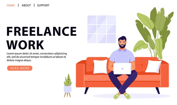 Werk Thuis Afstand Concept Ontwerp Freelance Man Zit Bank Werkt — Stockvector