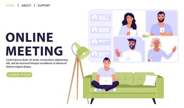 Video konferansı ya da online toplantı konsepti. Adam kanepede oturuyor ve bilgisayarını kullanarak arkadaşlarıyla ve iş arkadaşlarıyla video görüşmesi yapıyor. Görüntülü konuşma. Vektör web sayfası illüstrasyonu.