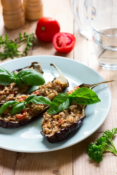 Stuffed roasted eggplants with brown rice and vegetables — Stock Photo, Image