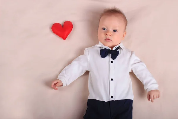 Cute Baby Boy Wearing Tuxedo Bow Tie Red Toy Heart — Stock Photo, Image