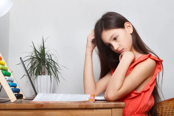 Tired School Girl Pupil Home Distance Education Homeschooling Doing Homework Royalty Free Stock Photos