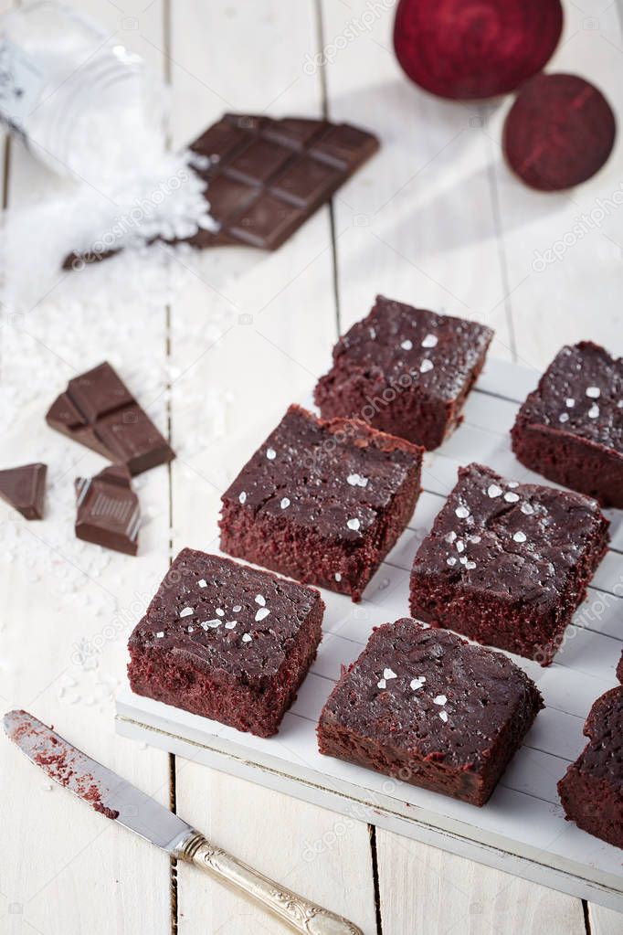 chocolate brownies decorated with salt crystals
