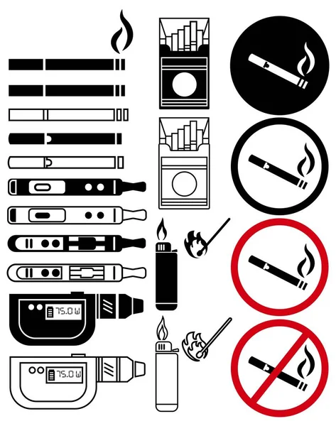 Dumanlı ateş siyahı ve renk simgeleri ayarlandı. Sigara, sigara, sigara, kibrit, çakmak, kibrit, sigara içmek ve sigara içmek yasak.