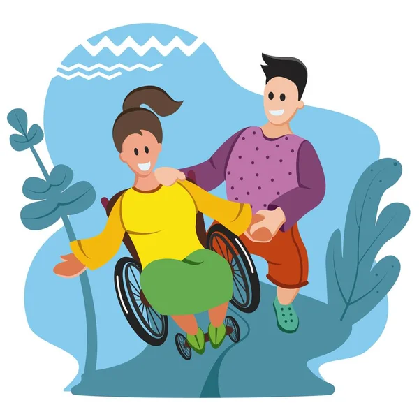 Tekerlekli sandalyede oturan genç engelli kadın, Genç bir adam ona yardım ediyor. Geçersiz Çizgi film Düz Vektör İllüstrasyonu