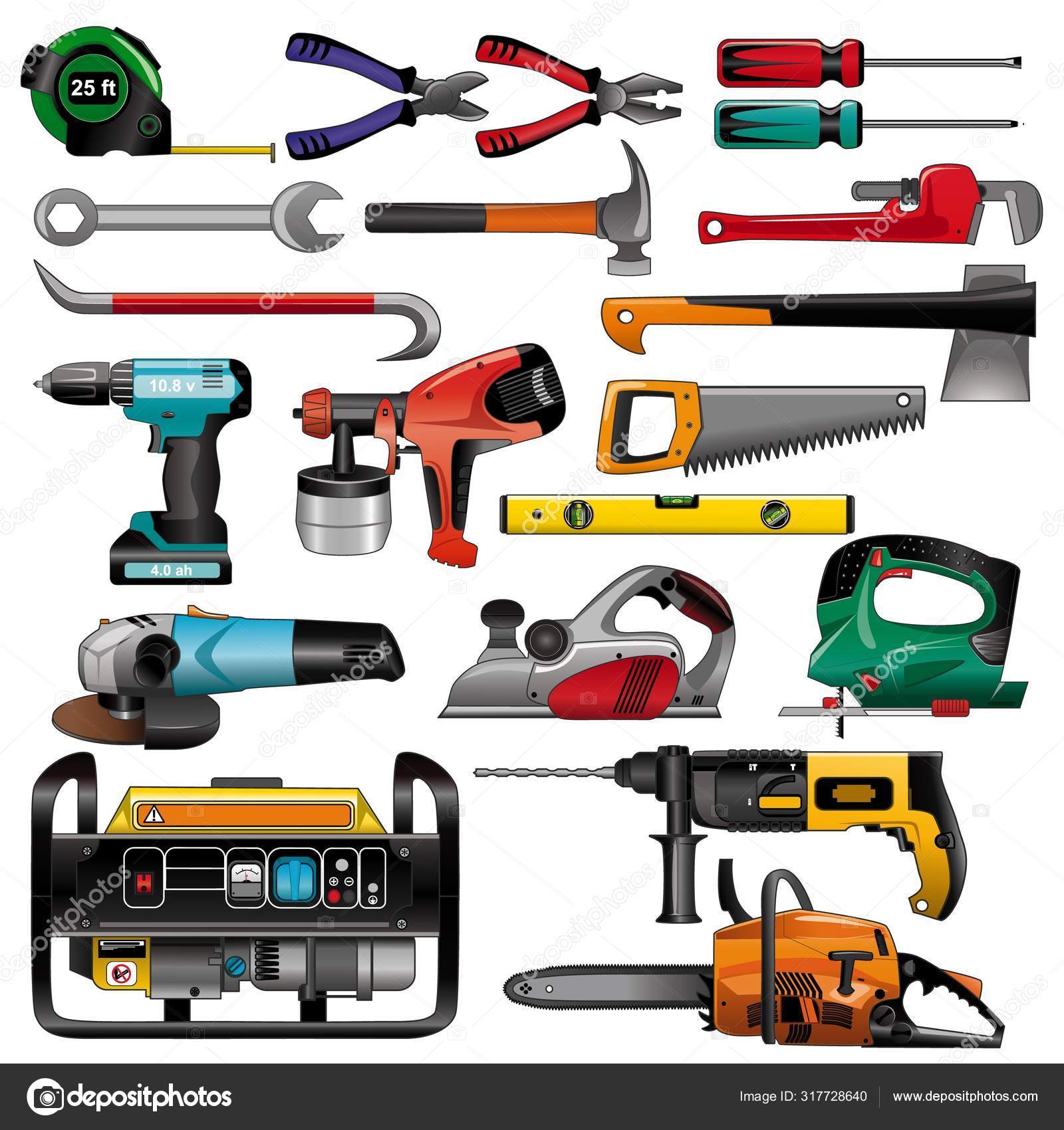 Hand and electric tools color set. EPS 10 Stock Vector Image by