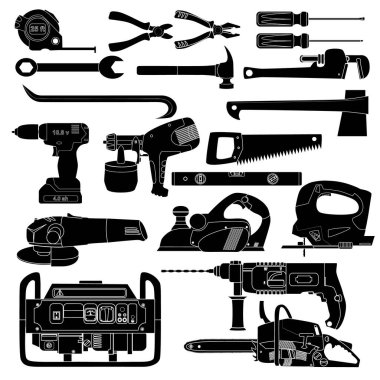 Hand and electric tools black and white set. EPS 10 clipart