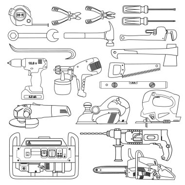 Hand and electric tools black contour set. EPS 10 clipart