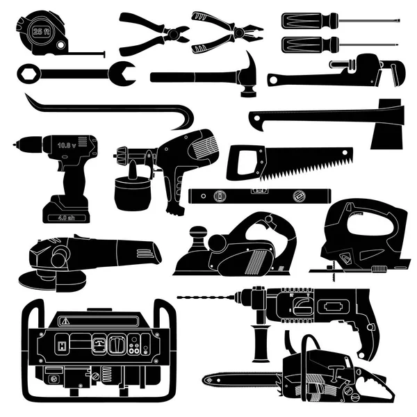 Juego de herramientas manuales y eléctricas en blanco y negro. EPS 10 — Archivo Imágenes Vectoriales