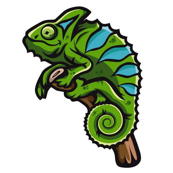 Yeşil gülümseyen bukalemun dalın üzerinde oturuyor. Yaratıcı bukalemun logo tasarımı.