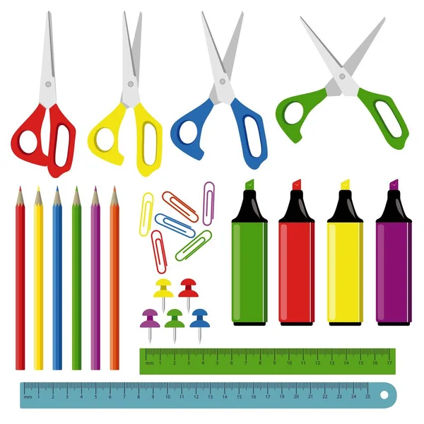 Beyaz arkaplanda izole edilmiş kırtasiye malzemesi cetvel, kalem ve diğer nesneler.