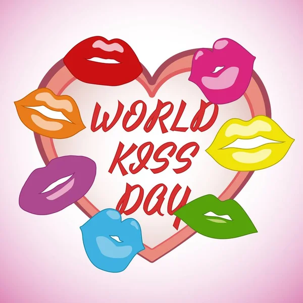 Dünya Öpücük Günü tatili. Renkli dudakları ve kalbi olan bir resim.