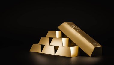 Servetin karanlık arka planında, hızla büyüyen işletmelerin kârlarından gelen altın külçeleri. Borsada ve altın stoklarında sözleşmeli kar. Gerçekçi 3D canlandırma.